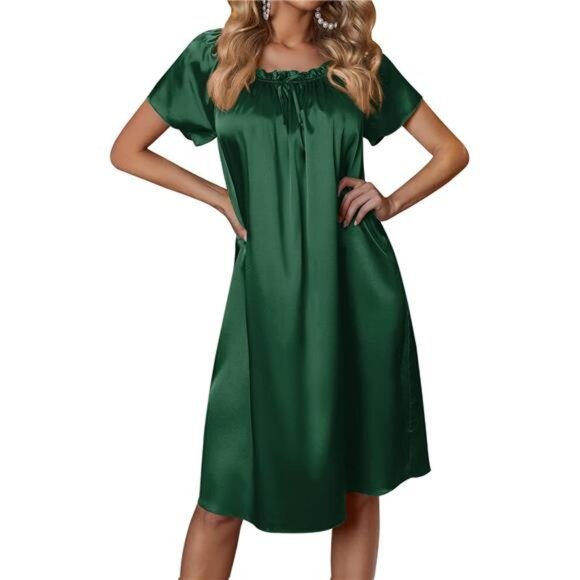 Women's Satin Pleated Nightgown Sleep Dress Green - Picture 1 of 5